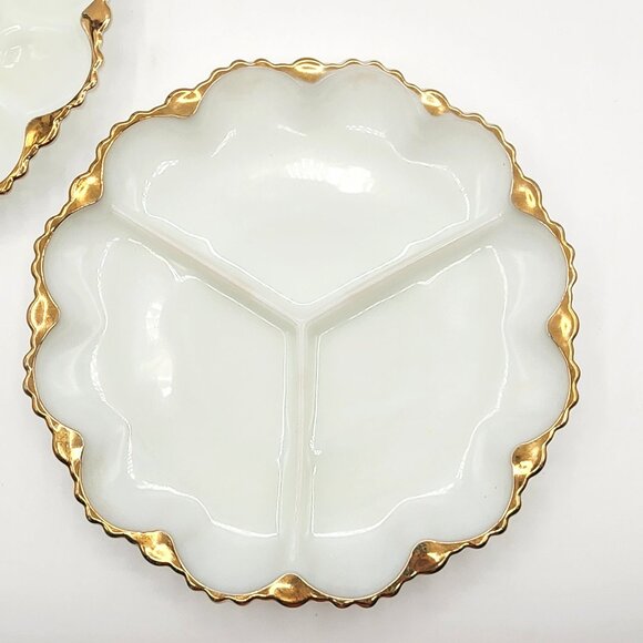 Anchor Hocking Milk Glass Divided Relish Tray And Deviled Egg Plate Gold Trim - Picture 5 of 10